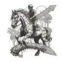 A surreal image of a horse morphing into a chainsaw amidst a mystical forest backdrop tattoo design idea