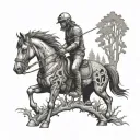 A surreal image of a horse morphing into a chainsaw amidst a mystical forest backdrop tattoo design idea