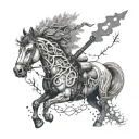 A surreal image of a horse morphing into a chainsaw amidst a mystical forest backdrop tattoo design idea