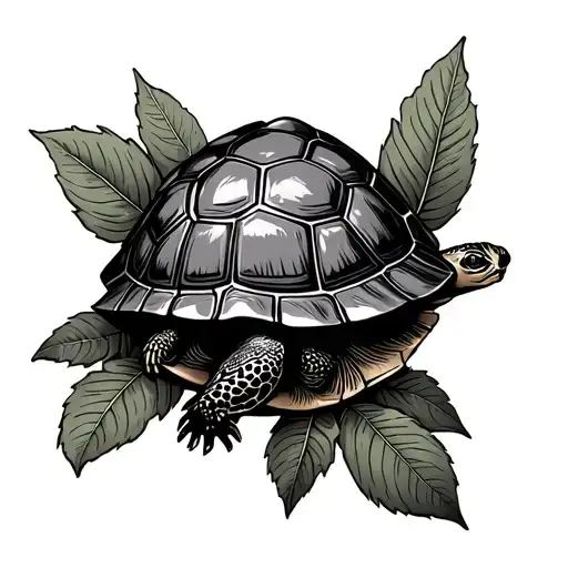 minimalist rear arm tattoo, bay leaf surrounds the arm with a tortoise in horror tattoo design idea