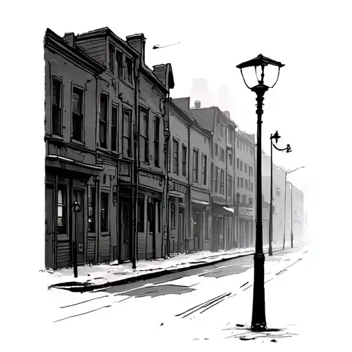 Minimalist sketch of a foggy town street with a lone streetlamp, inspired by Silent Hill. Monochrome, line art style, ee tattoo design idea