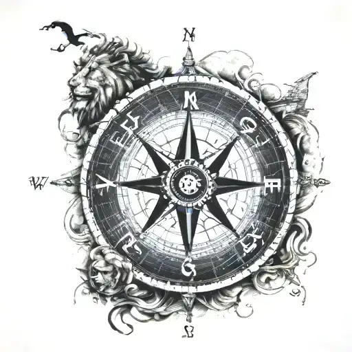 A huge compass with grunge detail. Within the compass itself, you see a lion and a ship sailoring tattoo design idea
