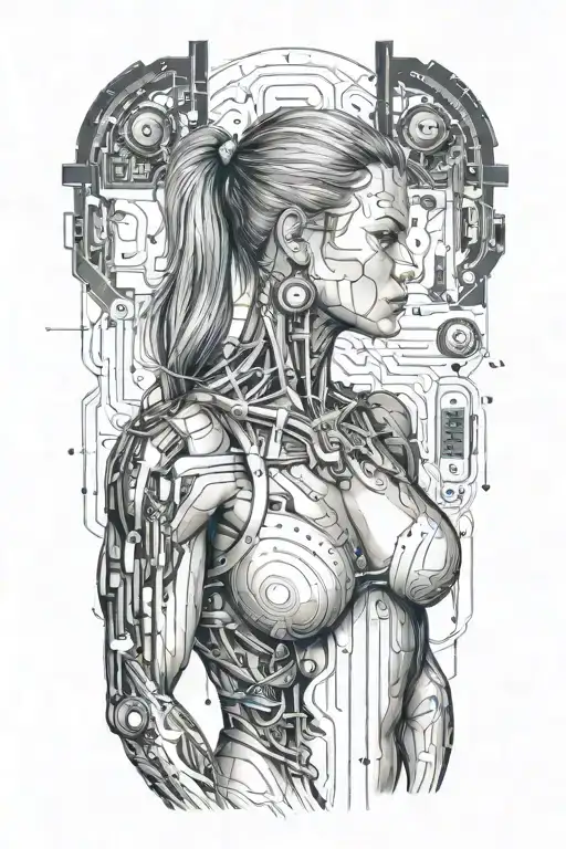 bodybuilder muscular women with technology circuits vectors merging tattoo design idea