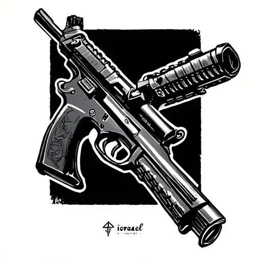 A sketch of a tattoo in a minimalist calligraphy style. Main idea: [outline of an Israeli submachine gun]. Use the calli tattoo design idea