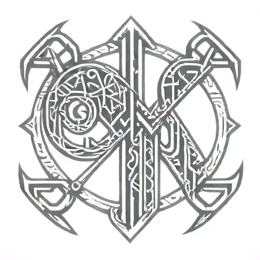 nordiac bindrune with Mannaz, Dagaz, berkana, intertwine mirrored Uruz runes, Wunjo, Kenaz. tattoo design idea