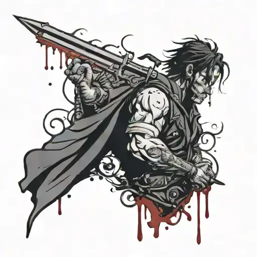 2d profile silhouette, wounded ritiz with dagger stuck in back, dripping blood still fighting with outnumbered enemies o tattoo design idea
