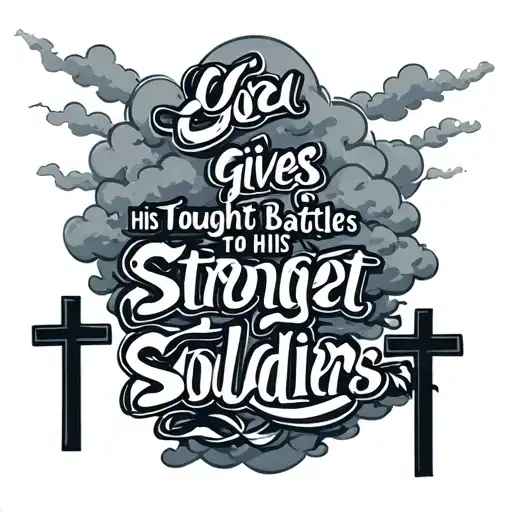God gives his toughest battles to his strongest soldiers in cursive with clouds around it with three crosses at the bott tattoo design idea