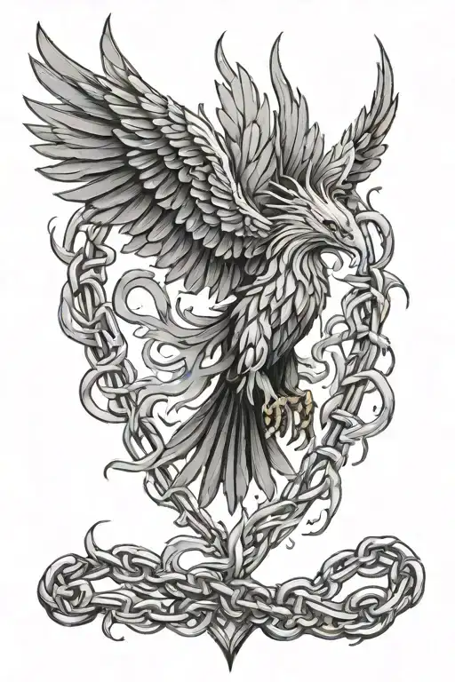pheonix rising from fire broken chains from a heart and a brain tattoo design idea