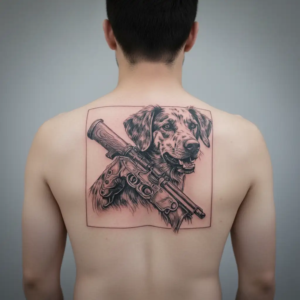 A detailed portrait of a loyal hunting dog with a shotgun in the background tattoo design idea