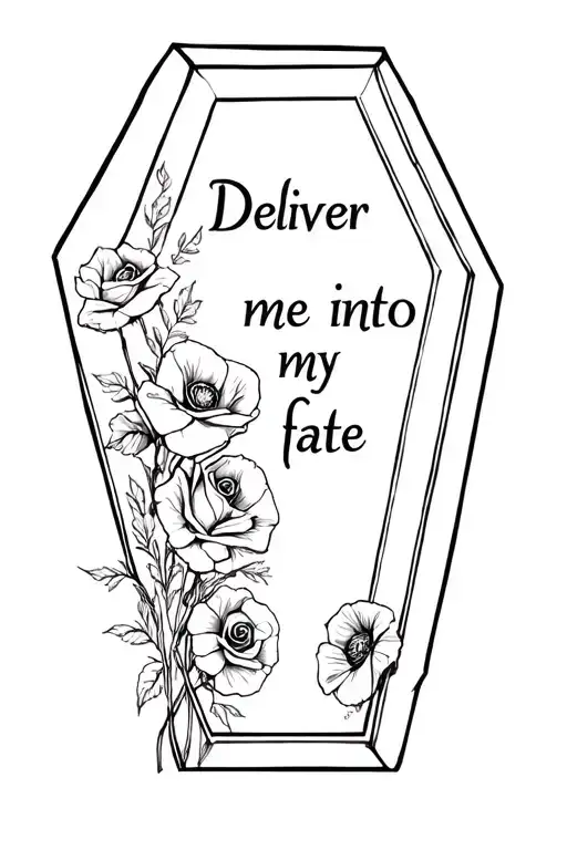 "Deliver me into my fate" coffin outline, poppies and roses on left side view tattoo design idea