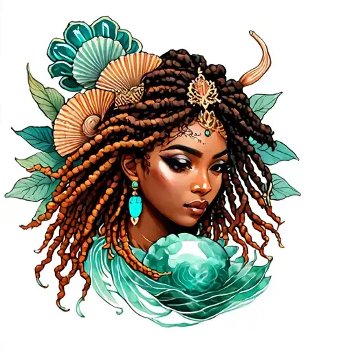 Tattoo African American queen of pinnacles, feminine divine Pisces with copper locs wearing a green jade and sea shells  tattoo design idea