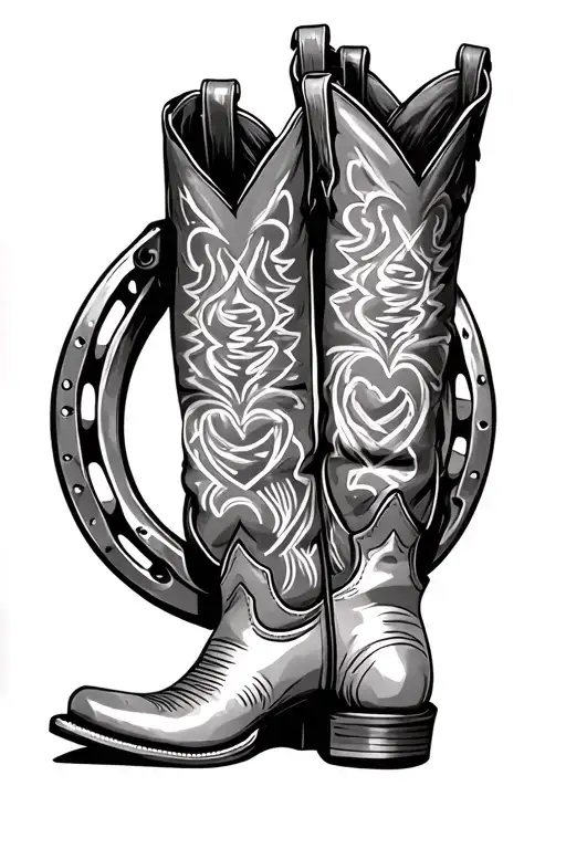cowboy boots inside horseshoe intertwined hearts with TIM tattoo design idea