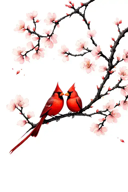 Tattoo design of two cardinals perched on a akebono cherry blossom branch, facing each other in an intimate pose tattoo design idea