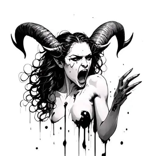 lilith demon shouting black and white line art blood splatter big horns tattoo design idea