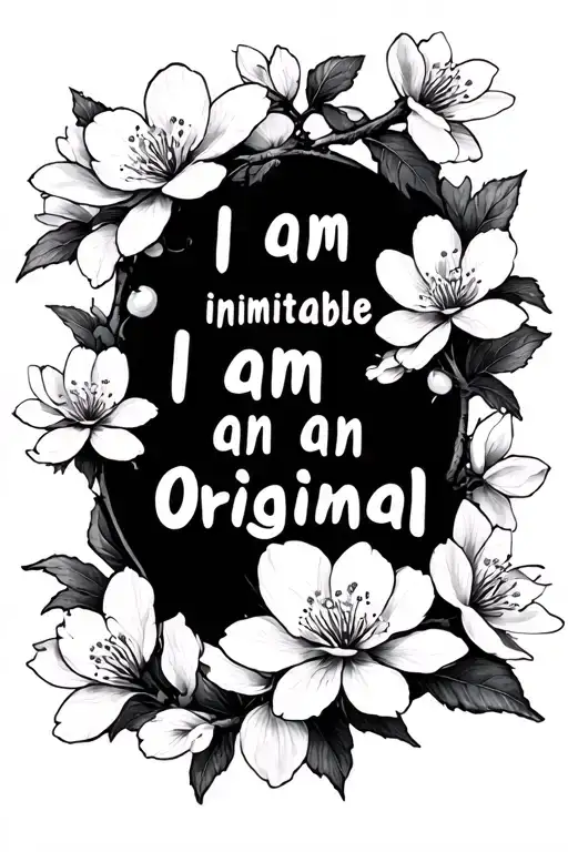 cherry blossoms with quote 'I am inimitable I am an original' tattoo design idea