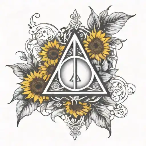 deathly hallows logo on the middle in single black lines, surrounded by sunflowers in colour and vines with a book open tattoo design idea