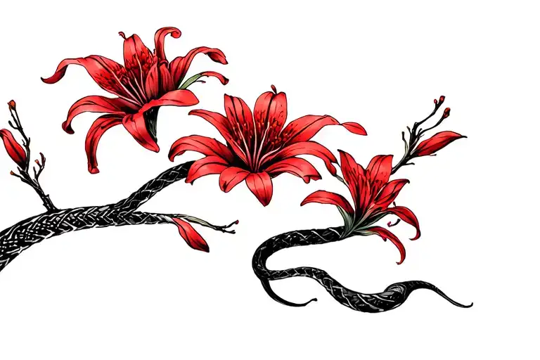 A few red spider lilies on a cherry tree branch with a twisting snake pattern in black and red stripes. tattoo design idea