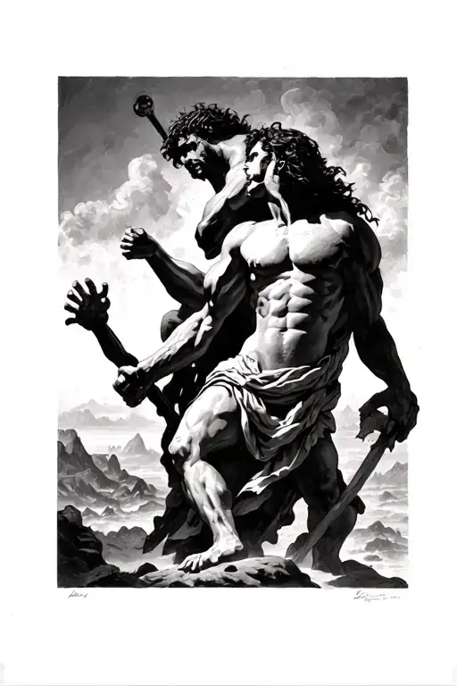 David vs goliath facing tattoo design idea