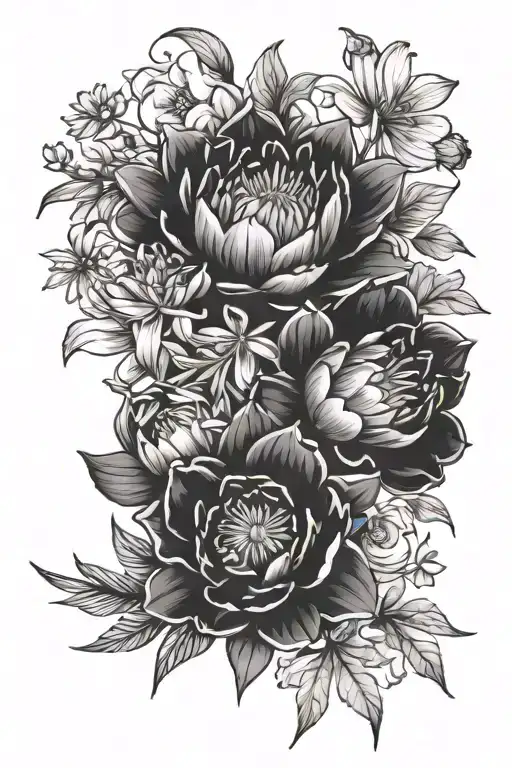 waterlily, larkspur, poppy, gladiolus, aster, morning glory, chrysanthemum, peony, holly and narcissus bouquet tattoo design idea