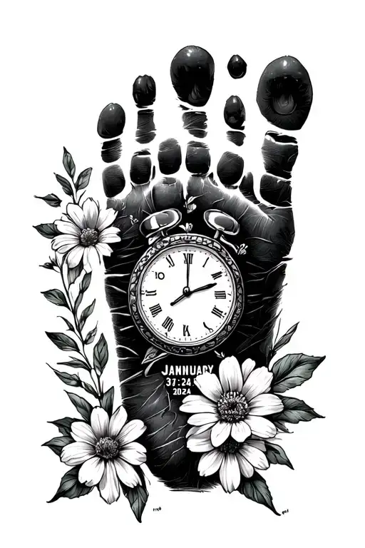Child’s foot print surrounded by January birth flowers with a clock reading 3:24pm and the date January 31st 2024 tattoo design idea