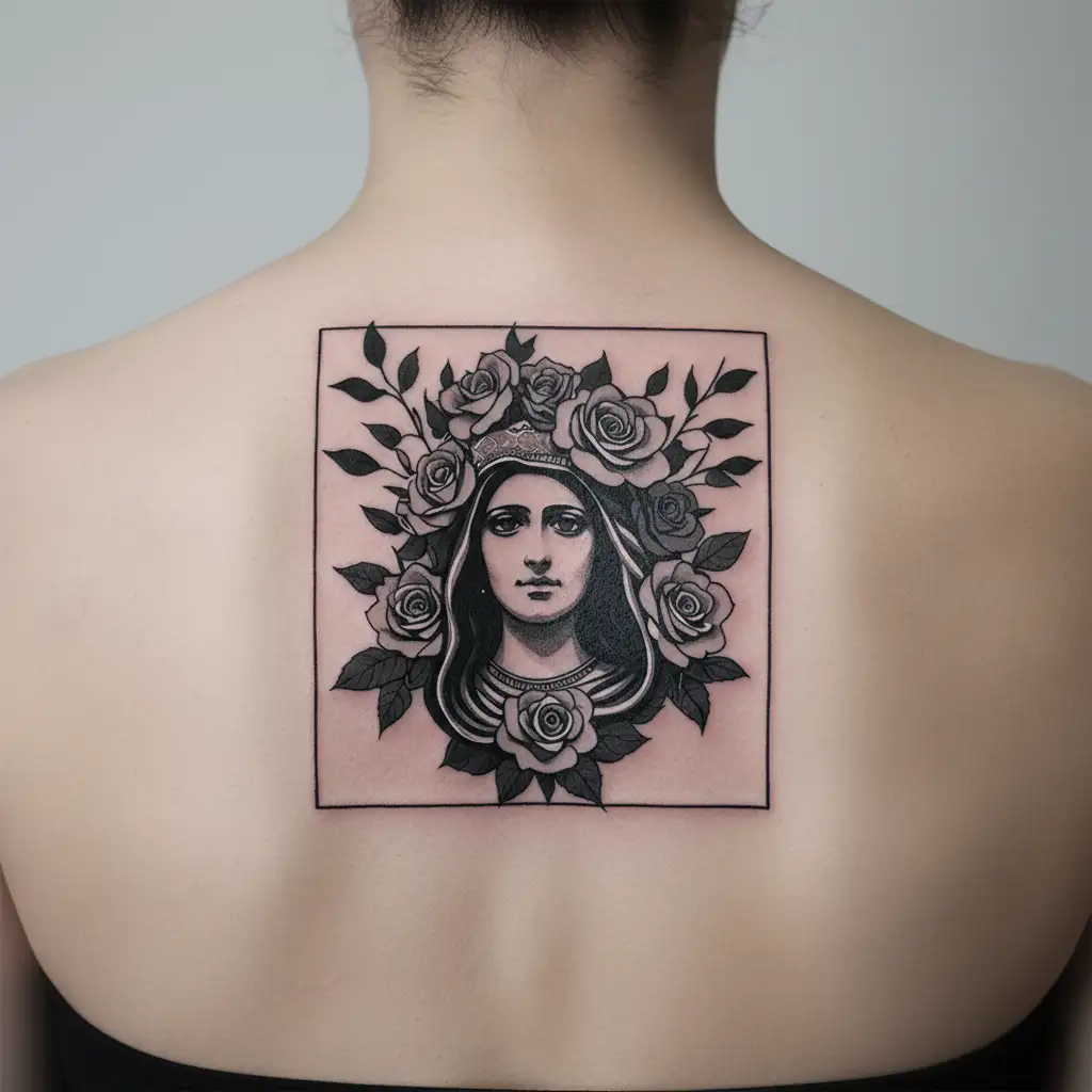 rest in peace Guadalupe Mexican with roses tattoo design idea