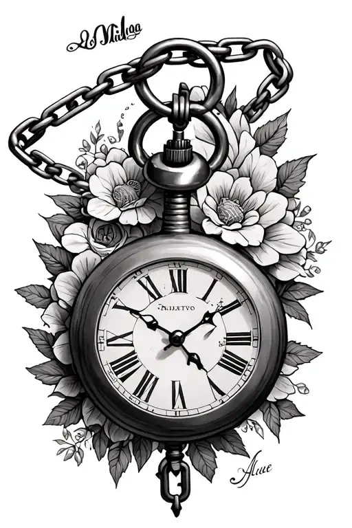 Alice in wonderland, chain, pocket watch, key and padlock tattoo design idea