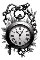 Alice in wonderland, chain, pocket watch, key and padlock tattoo design idea