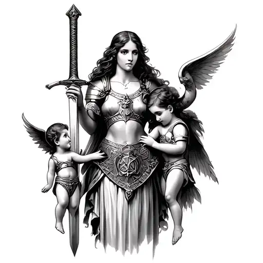 gorgeous mother with greek armor one arm holding a sword carrying TWO little angel tattoo design idea