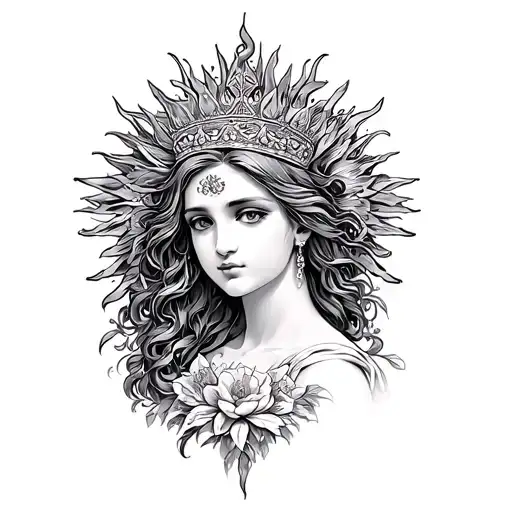 Artistic expression combining Jasmine Demi god with Aphrodite adorned with sun,crown, pure,beauty and fragrant  tattoo design idea