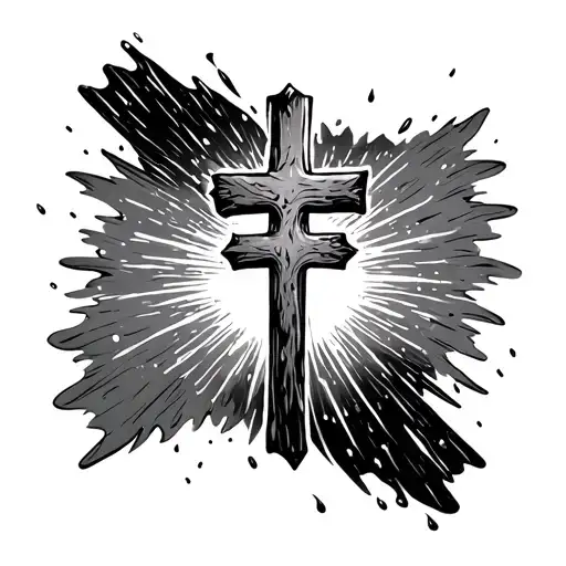 cross with sunrise directly behind it and rain around it tattoo design idea