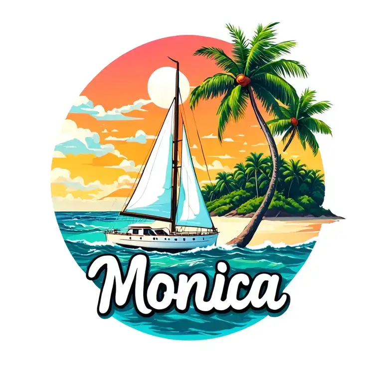 "Monica"  "Monica" foreground white sailboat sailing away towards sunrise sky, ocean, island with palm, beach, no border tattoo design idea