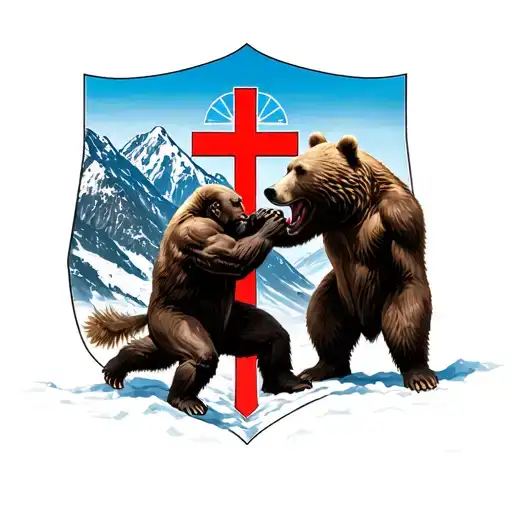 A bear fighting against an azor, behind them the NATO shield, and in the background the Mountains of Slovakia with the cross tattoo design idea