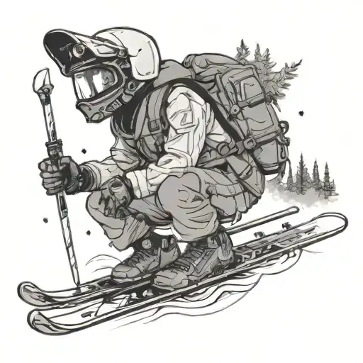 Can you make it like a park rat, the style that has baggy pants, a windbreaker, twin tip skis, goggles under helmet tattoo design idea