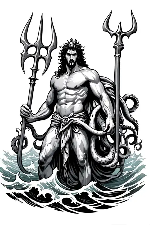 poseidon with trident and octopus legs on waves a little bit angry tattoo design idea