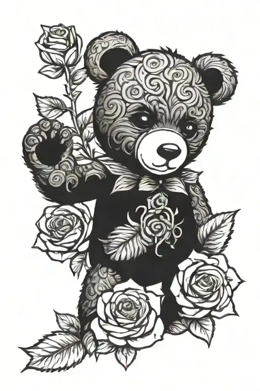 Teddy bear and rose growing tattoo design idea