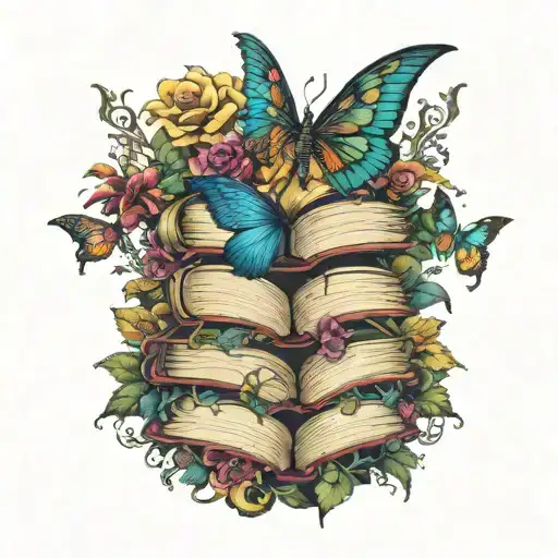 stack of open books with winged dragon, moon   butterflies, vines and flowers swirling around in dark jewel tone colors tattoo design idea