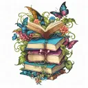 stack of open books with winged dragon, moon   butterflies, vines and flowers swirling around in dark jewel tone colors tattoo design idea
