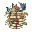 stack of open books with winged dragon, moon   butterflies, vines and flowers swirling around in dark jewel tone colors tattoo design idea