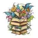 stack of open books with winged dragon, moon   butterflies, vines and flowers swirling around in dark jewel tone colors tattoo design idea