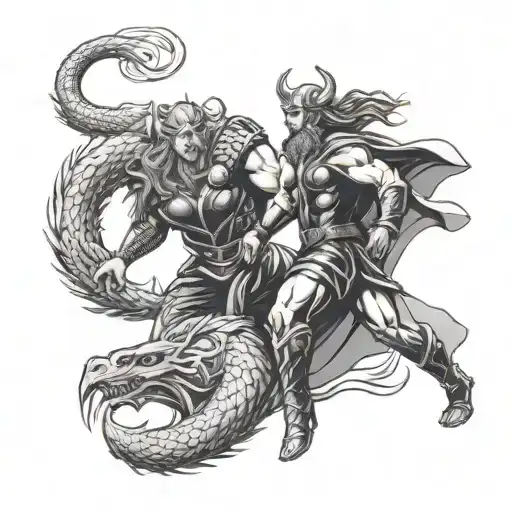 Thor and Odin fighting Fenrir and Jormungandr tattoo design idea
