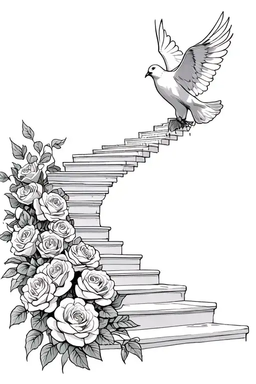 A sketch style tattoo of a stairway to heaven made of English roses, with a dove flying towards the top tattoo design idea