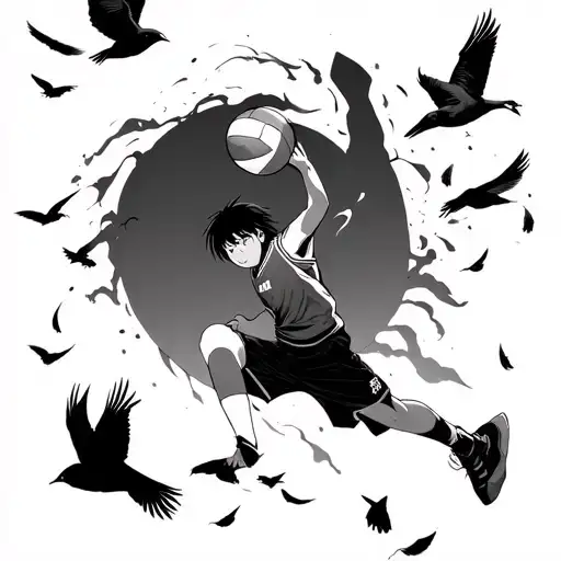 hinata shoyo from Haikyuu anime spiking a volleyball with crows flying in the background and feathers falling tattoo design idea