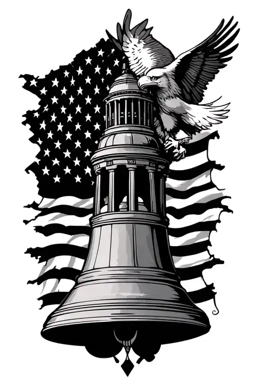 "we the people" with bell tower shape and american flag with american eagle tattoo design idea