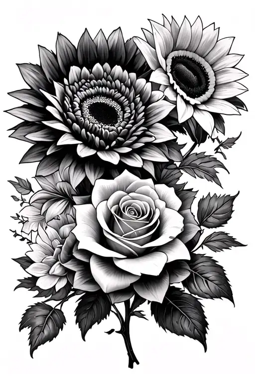 a rose in the middle, 2 sunflowers, 2 dahlias, multiple Peruvian lilies, vines tattoo design idea