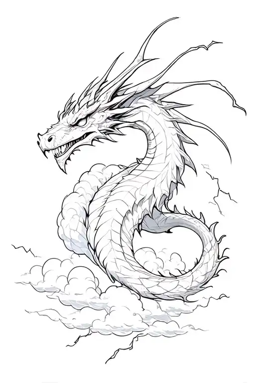 large morning star tail black dragon flying through lightning and clouds tattoo design idea