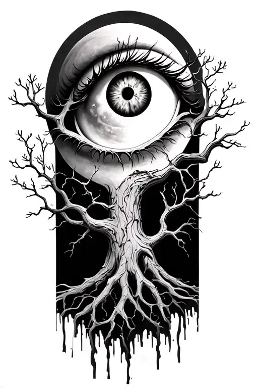 dead tree of life with eye for moon tattoo design idea