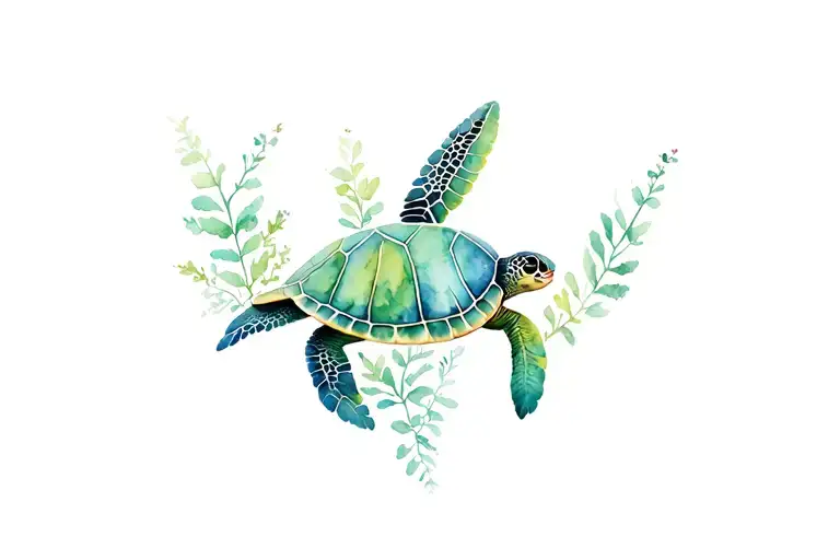 I want an image of a sea turtle view that is on oregano leaves tattoo design idea