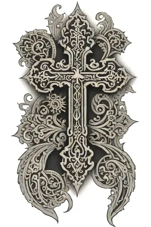 A detailed black and grey tattoo of a cross with intricate Russian Orthodox patterns tattoo design idea
