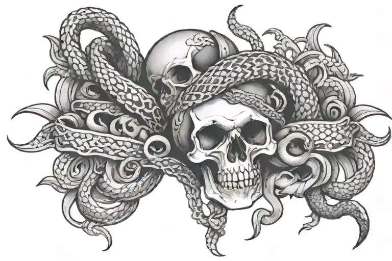 a lacey garter belt intertwined by a snake, and has a skull and a gun on it. tattoo design idea