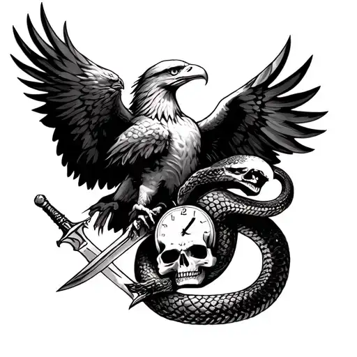 eagle and snake fighting with skull and dagger with a clock tattoo design idea
